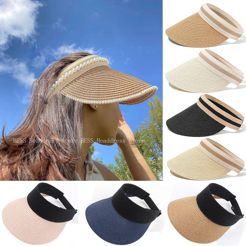 Summer Empty Top Sun Hat - Female Outdoor Visor Cap Casual Shade Hat Straw Wide Large Brim Beach Sunhat Lady