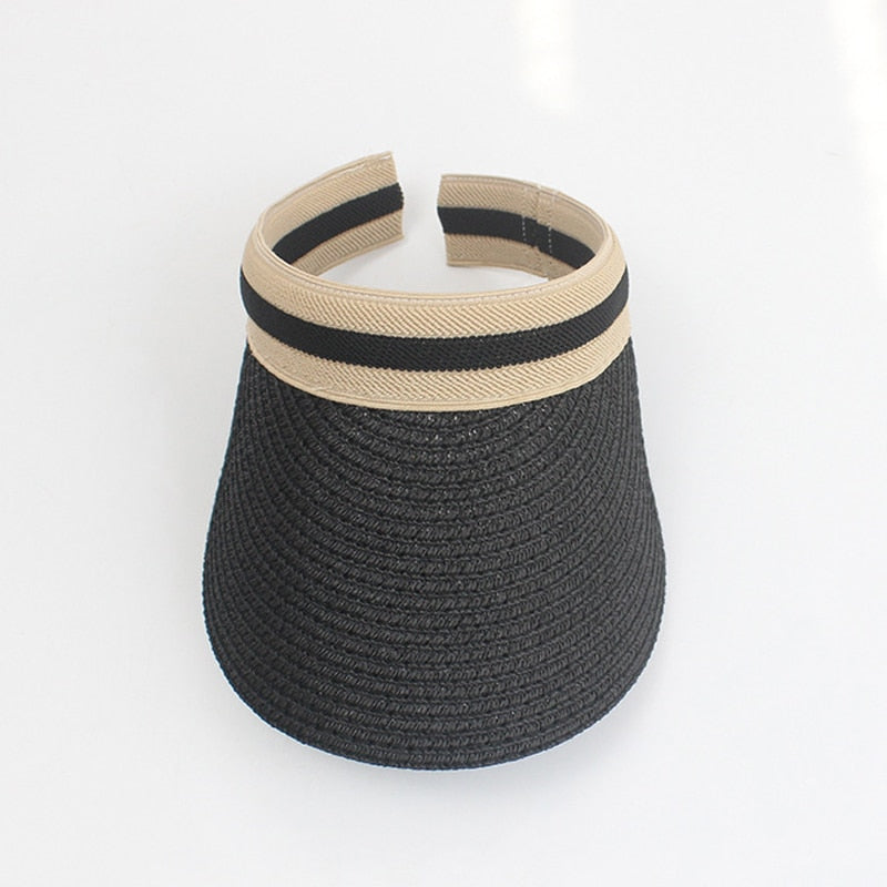 Summer Empty Top Sun Hat - Female Outdoor Visor Cap Casual Shade Hat Straw Wide Large Brim Beach Sunhat Lady 0672-black