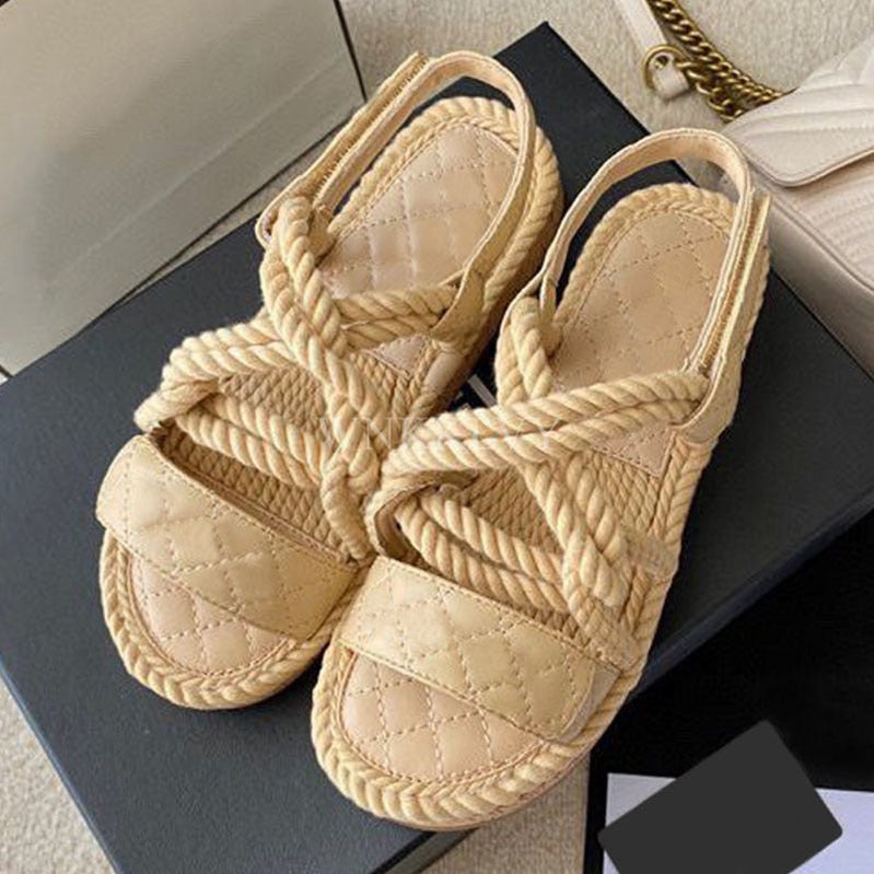 New Summer Women Real Leather Splicing Hemp Rope Open Toe Casual Sandals With Sticky Strap Design Resort Beach Flat Shoes as show 1