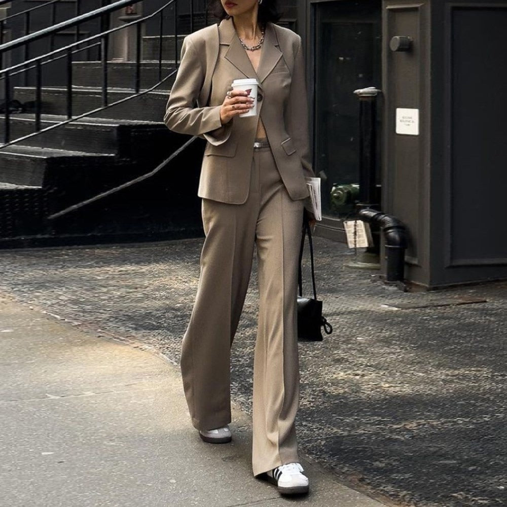 Casual Two Piece Sets For Women Notched Collar Detachable Long Sleeve Blazer High Waist straigth Trousers Solid Sets Female Khaki