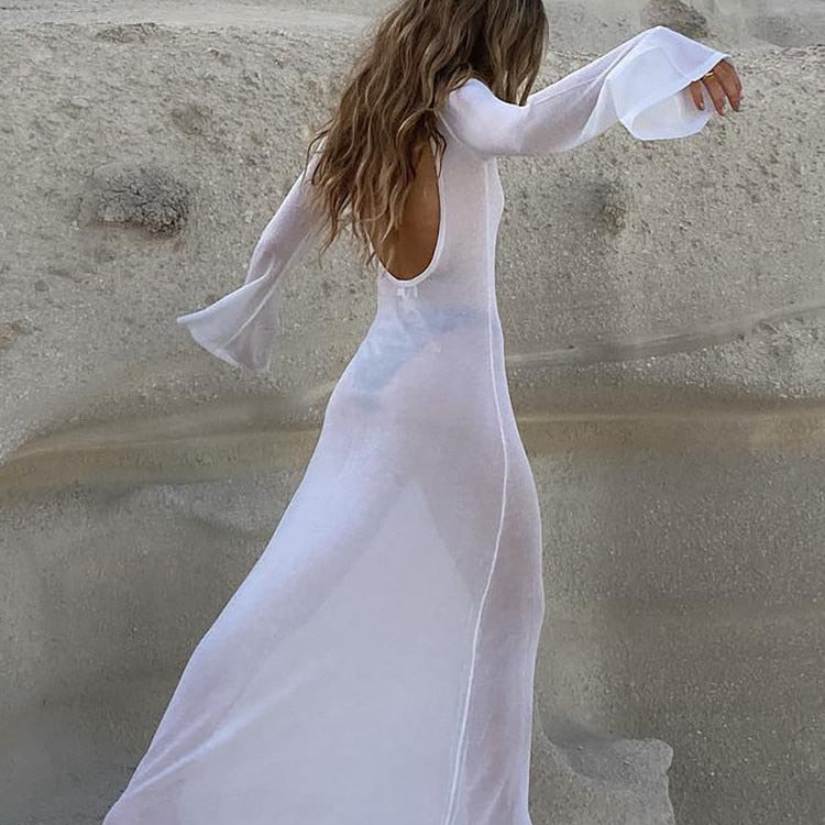 Maxi Long Sleeve Women Dress Backless Club See Through Mesh Summer Sexy Party Beach Dresses Bodycon Casual