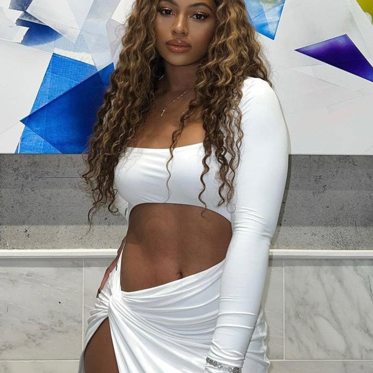 Sexy Hollow Out High Split Maxi Dress For Women Robe Autumn Full Sleeve Ruched Club Party Long Dress Vestido