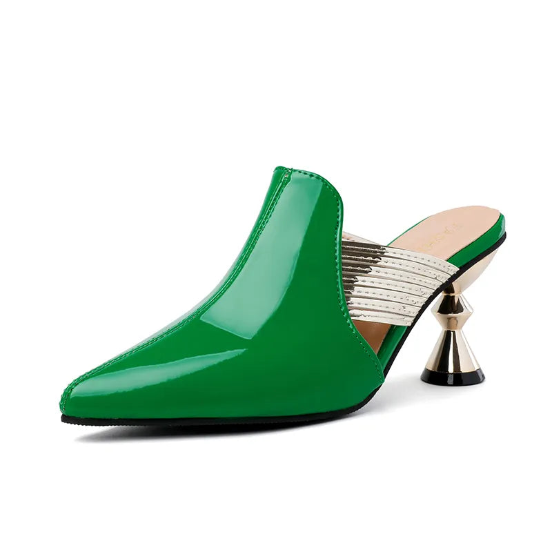 High Heel Slippers Pointed Toe Shoes Woman Elegant Mules Shoes Women Black Green Metal Heel Outdoors Womens Slippers Big Size green