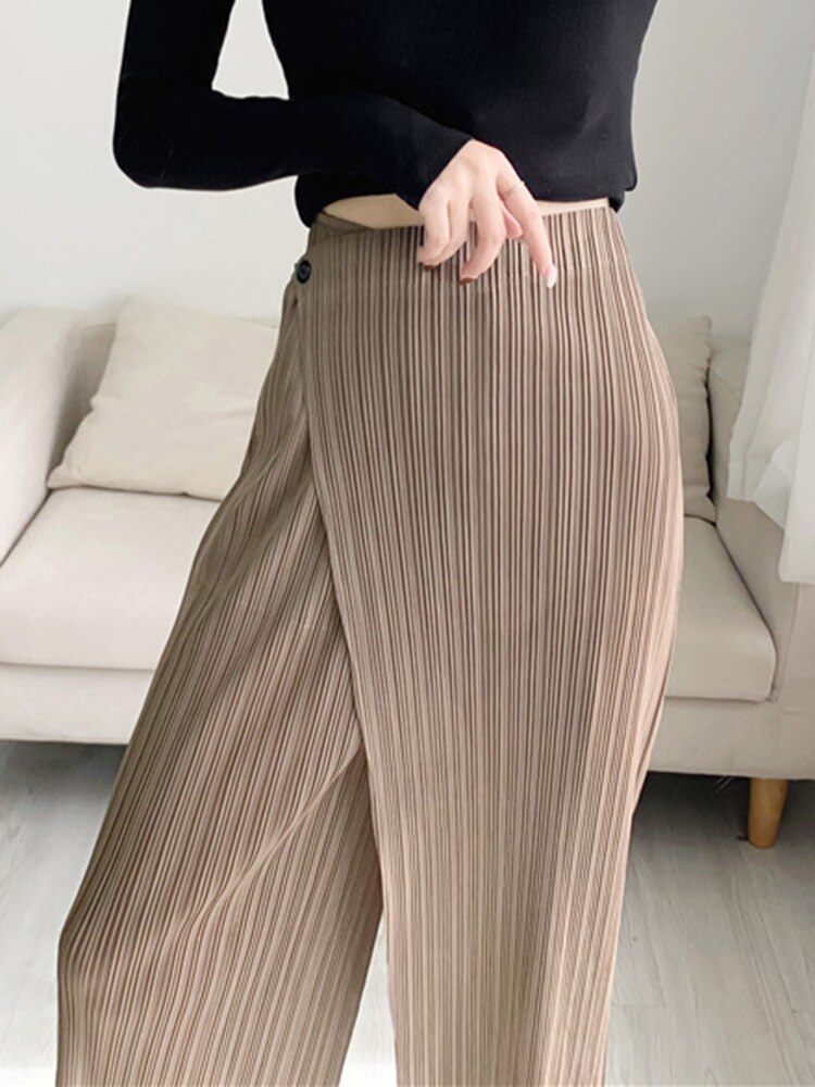 YUDX Women Pleated Solid Color Ankle-length Pants Elastic Waist Wide Leg Straight Female Trsouser Loose Summer