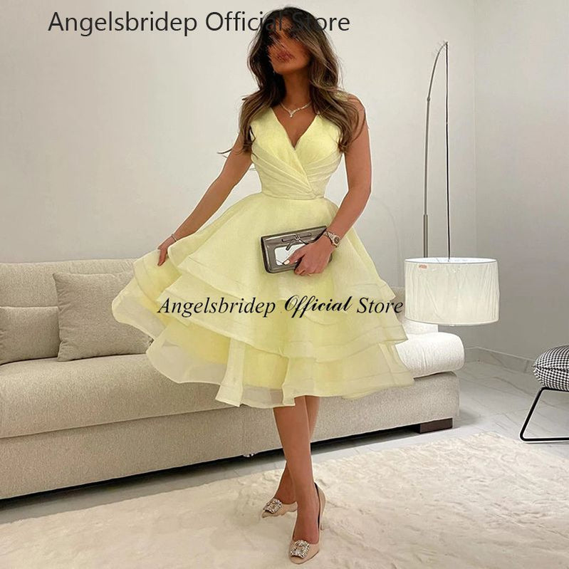 Angelsbridep Arabia V-neck Sleeveless Homecoming Party Dresses Vestidos De Fiesta A-line Tiered Organza Short Prom Dress Gown
