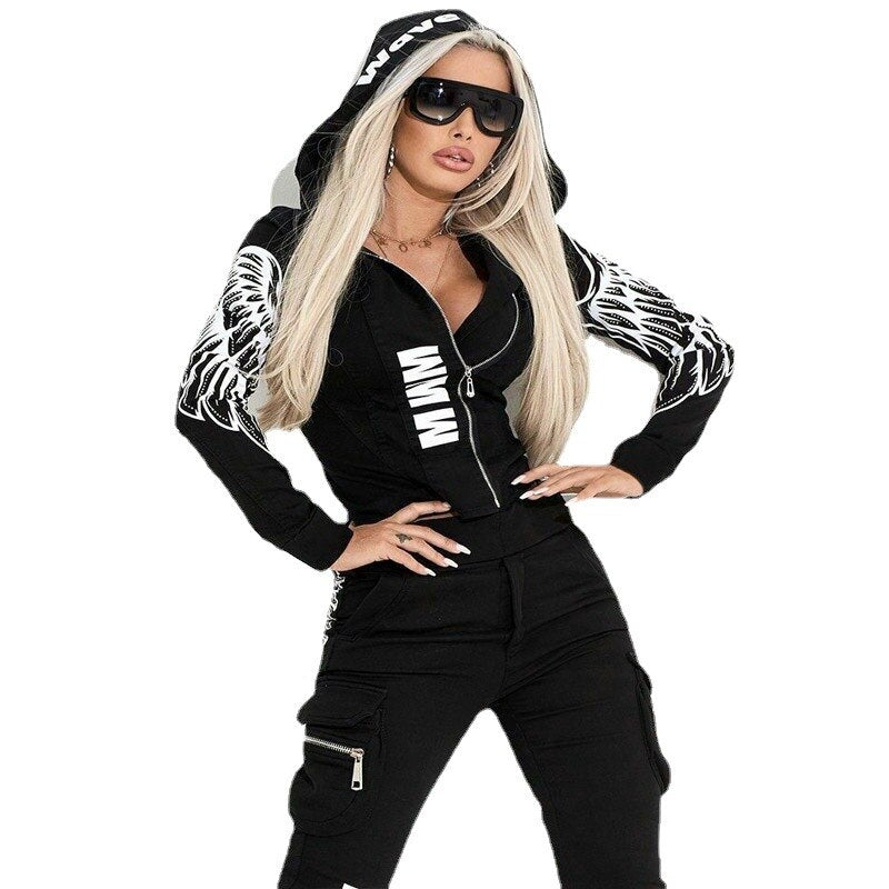 Autumn And Winter New Fashion Sexy Women's Suits Wings Print Zipper Hooded Street Shooting Casual Suits Black XXL