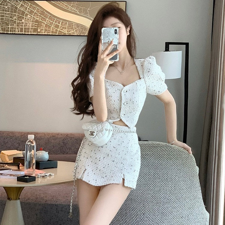 Small Fragrant Skirt Suit Tweed Short Coat Puff Sleeve Two Piece Set Female Summer Fashion Skirt for Women Korea Fashion