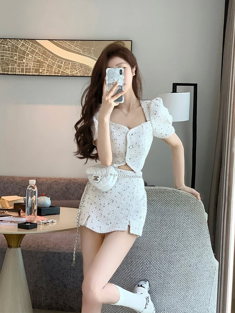 Small Fragrant Skirt Suit Tweed Short Coat Puff Sleeve Two Piece Set Female Summer Fashion Skirt for Women Korea Fashion