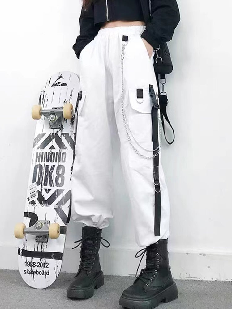 Women Cargo Pants Harem Pants Fashion Punk Pockets Jogger Trousers With Chain Harajuku Elastics High Waist Streetwear