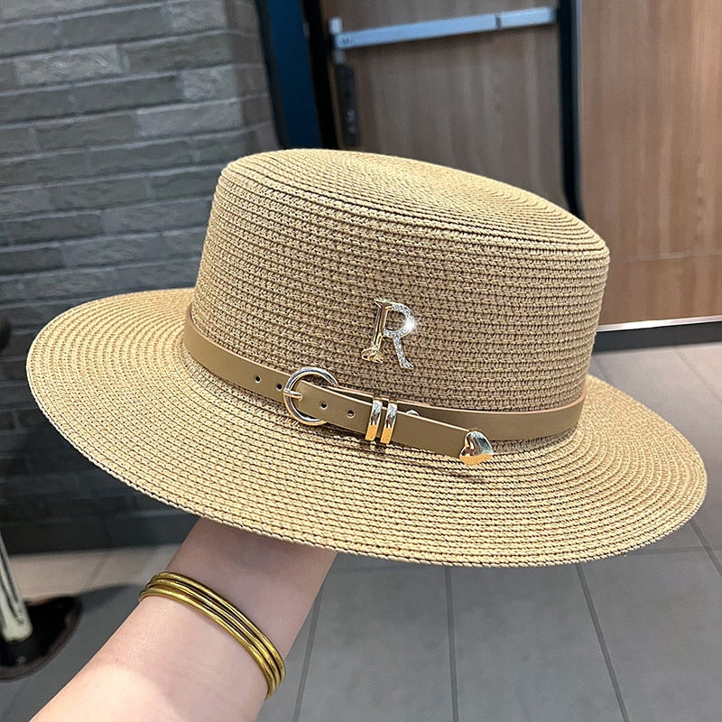 2023 New Metal R Letter Buckle Straw Hat Leisure Summer Sunscreen Hat Women's Fashionable Beach Hat Vintage Hat Church Hats
