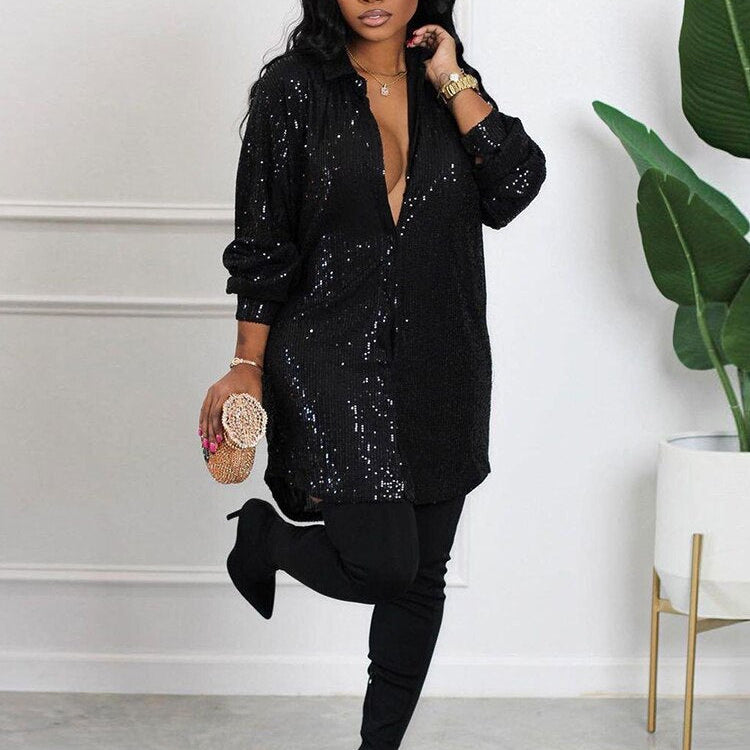 Elegant Evening Party Short Shirt Dress for Women Outfit Luxury Sequin Long Sleeve Spring Fall Birthday Club Dresses Vestidos