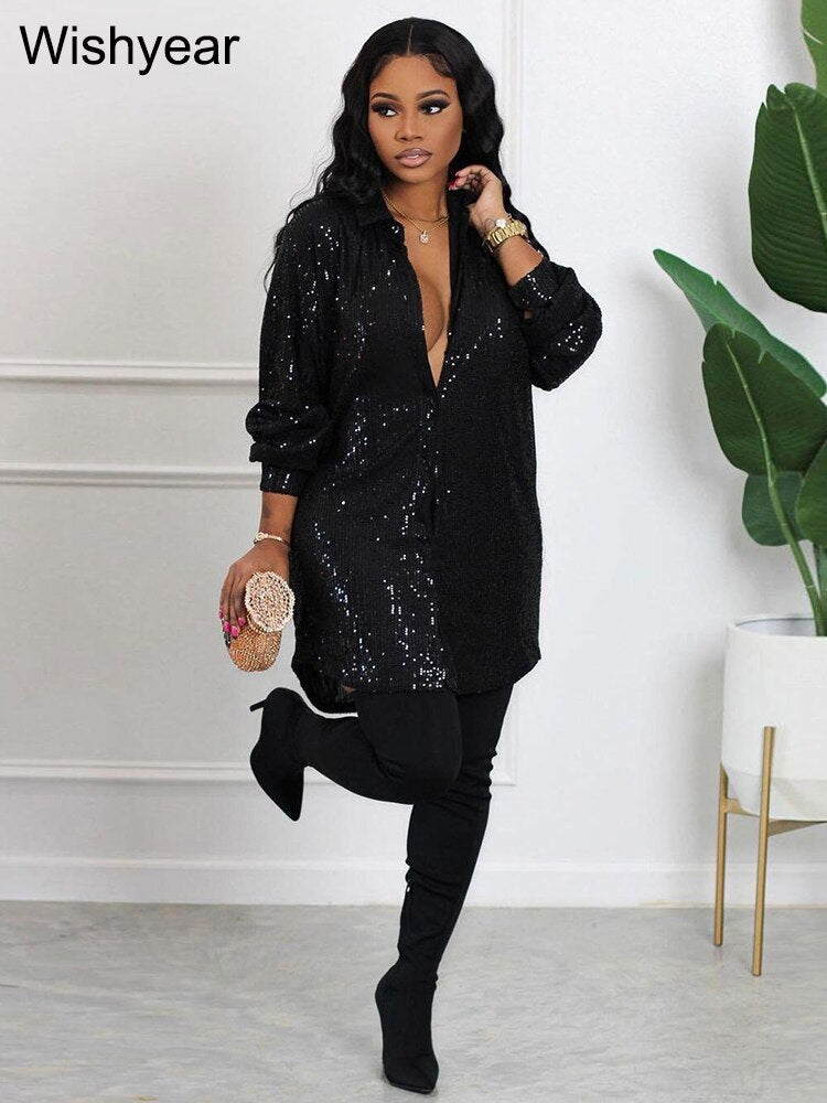 Elegant Evening Party Short Shirt Dress for Women Outfit Luxury Sequin Long Sleeve Spring Fall Birthday Club Dresses Vestidos