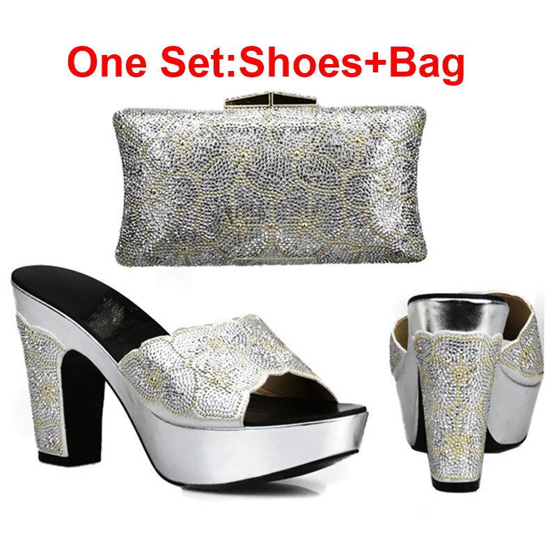 Latest Design Red Color Matching Women Shoes and Bag Set Decorated with Rhinestone African Shoe and Bag Set for Party In Women Silver Shoes and Bag