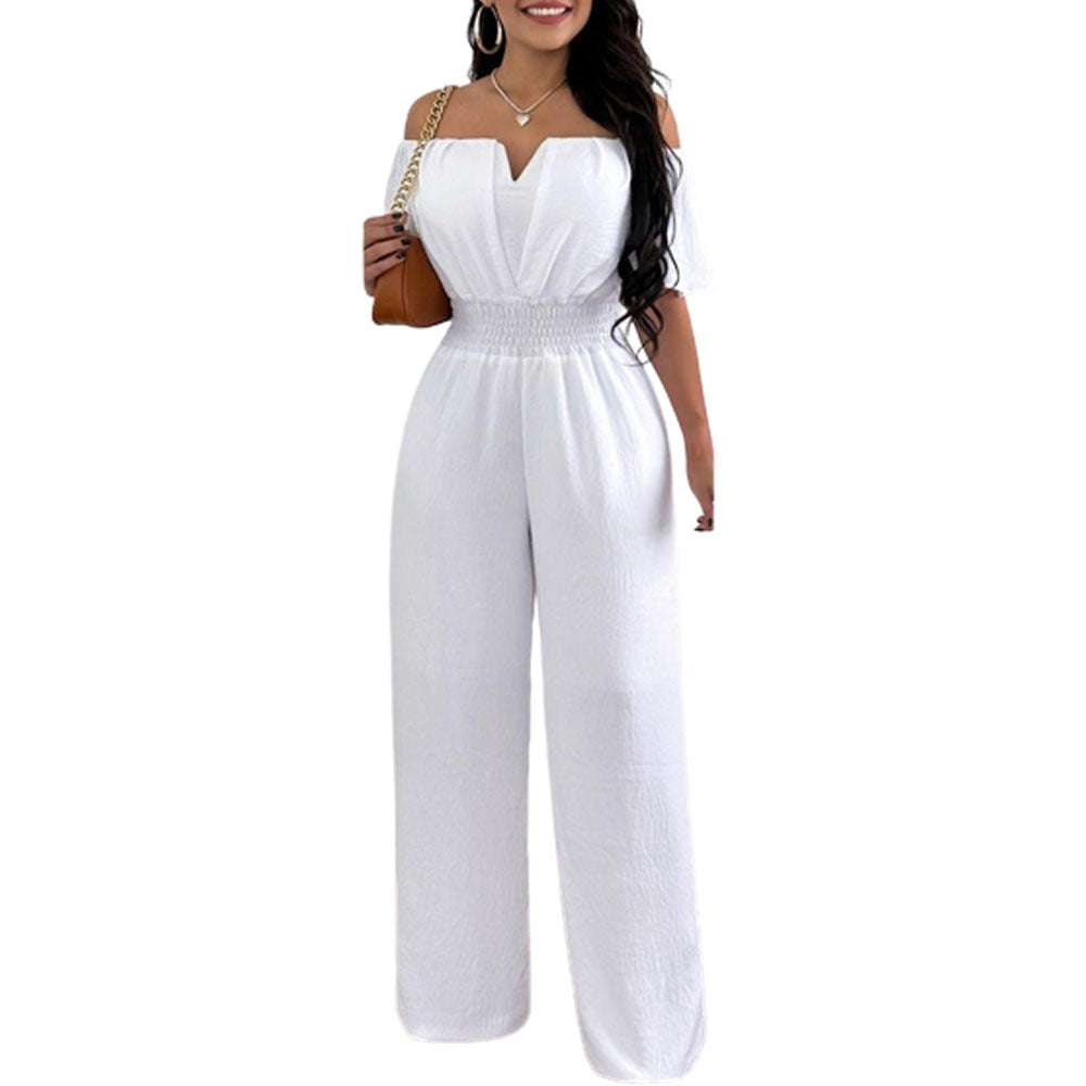 Summer Fashion Printed Wide Leg Jumpsuit Women Sexy Beach Style Off-shoulder High Waist Jumpsuit Womem White