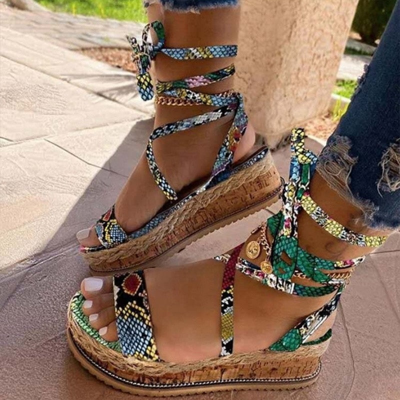 New Summer Women Snake Sandals Platform Heels Cross Strap Ankle Lace Peep Toe Beach Party Ladies Shoes Zapatos Sandals