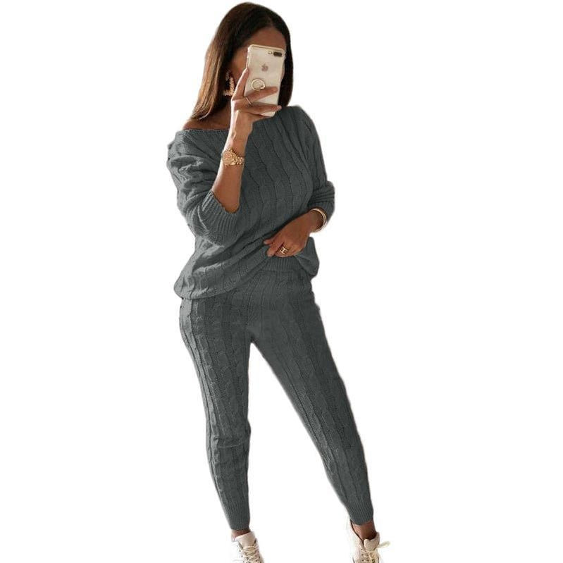 New Autumn Winter Women Knitted Tracksuit Two Piece Set Female Sweater Tops + Elastic Waist Pant Knitted Suit Women Outfits Gray TZ135