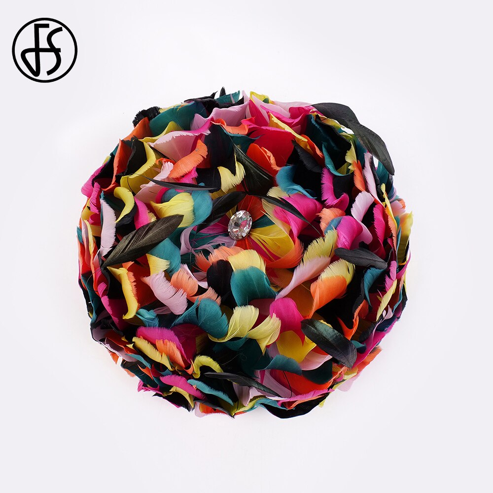 FS Luxury Woman Hat Wedding Ceremony Church Cap With Diamond Ladies Fascinators Cocktail Party Fancy Feathers Millinery