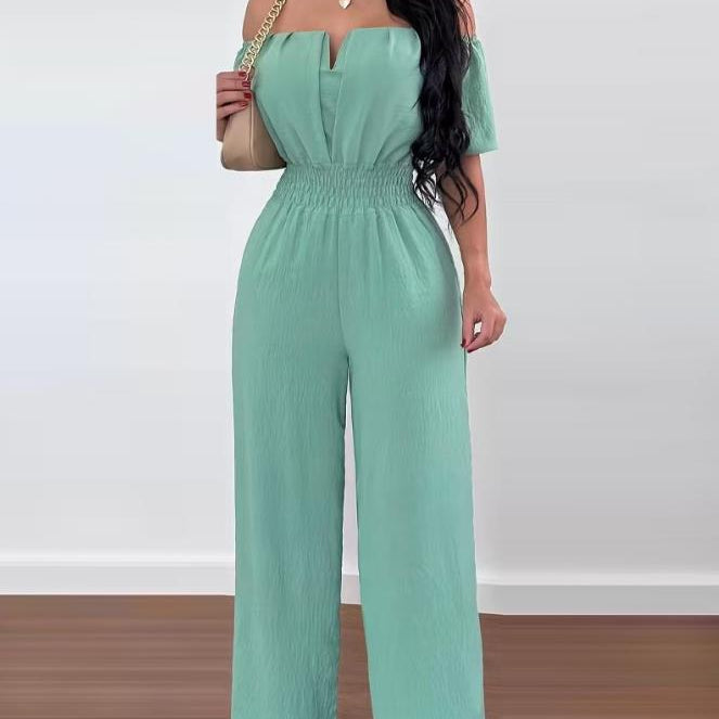 Jumpsuits for Women Spring Fashion Off Shoulder Casual Plain Short Sleeve Shirred Waist Daily Long Wide Leg Jumpsuit D