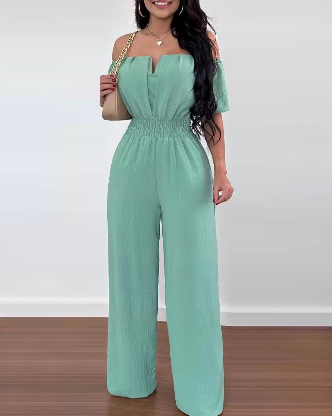 Jumpsuits for Women Spring Fashion Off Shoulder Casual Plain Short Sleeve Shirred Waist Daily Long Wide Leg Jumpsuit D