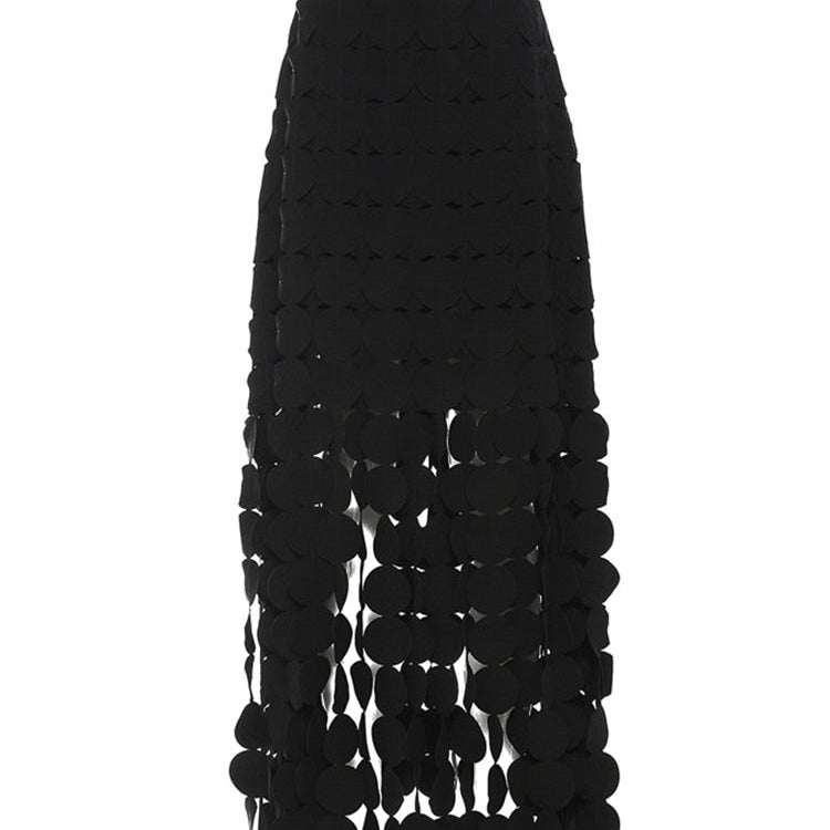 [EAM] High Waist Black Hollow Out Tassels Long Slit Elegant Half-body Skirt Women Fashion Tide New Spring Autumn 2023 1DE9035 Black