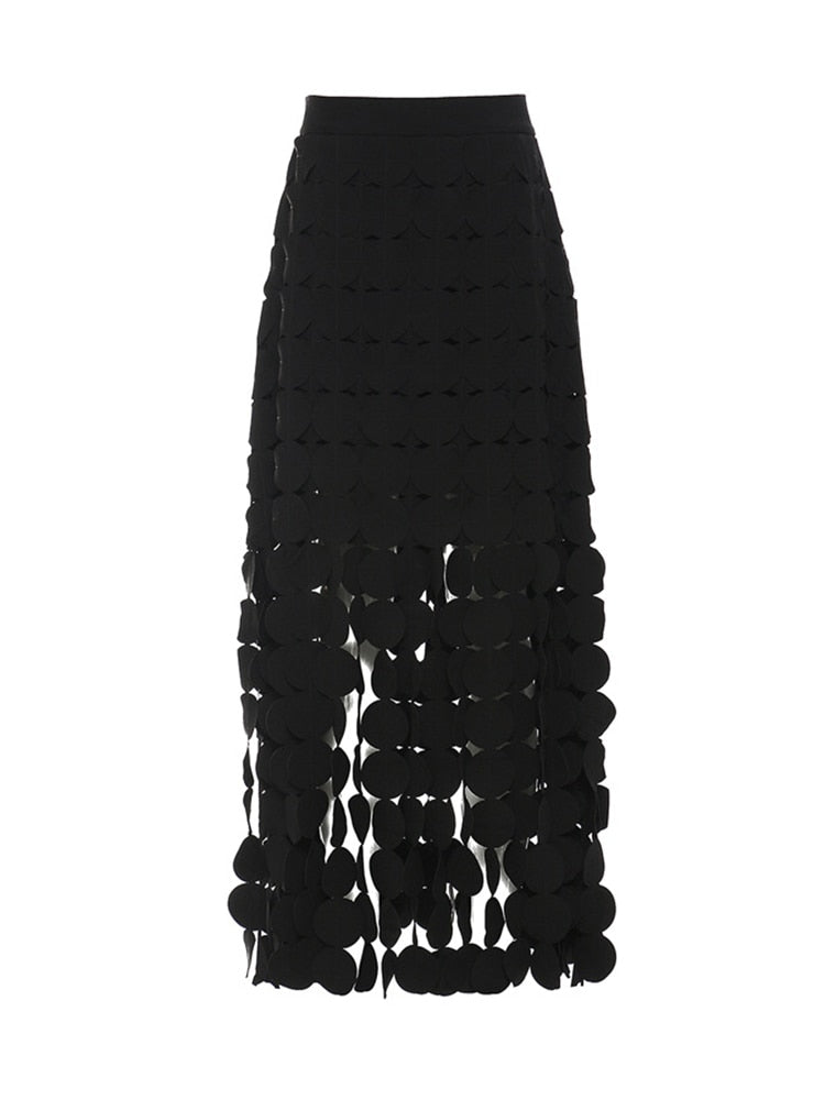 [EAM] High Waist Black Hollow Out Tassels Long Slit Elegant Half-body Skirt Women Fashion Tide New Spring Autumn 2023 1DE9035 Black