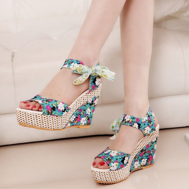 Hot Lace Leisure Women Wedges Heeled Women Shoes Summer Sandals Party Platform High Heels Shoes Woman 88blue
