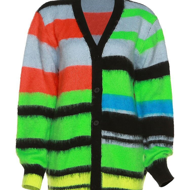 Weird Puss Cardigan Sweater Y2K Women Button Contrast Color Patchwork V-Neck Lantern Sleeve Top Street Hipster Loose Coat