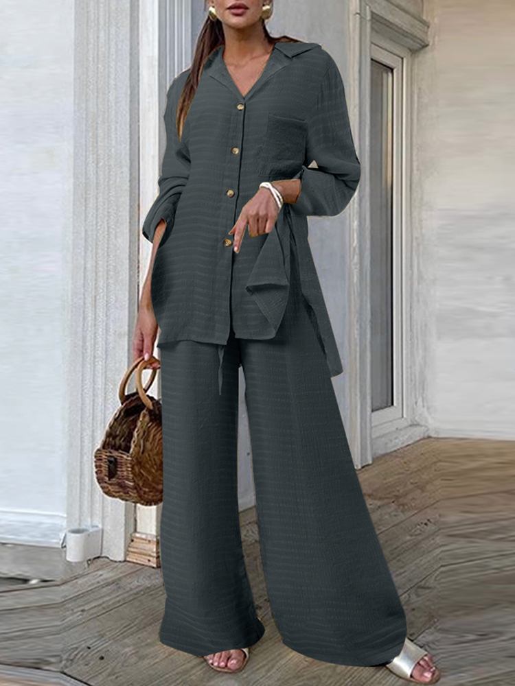 Fashion Women Leopard Print Pant Sets Casual Loose Tops and Pant Outfits Autumn Wide Leg Pant Leisure Two Piece Sets (Solid)Dark Grey