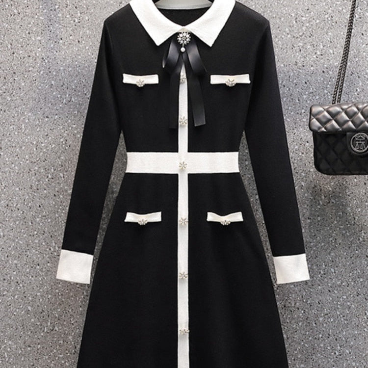 Small Fragrance Fall Winter Knitted Sweater Dress Women Bow Tie Buttons Vintage Party Mini Dress Elegant Casual Chic Robe Femme