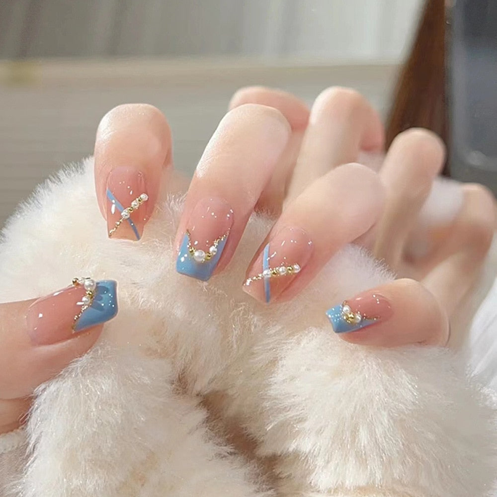 Gradient Fake Nails Press on Nail Diamond Cross Art Long Tips False Forms with Glue Stick Stickers Reusable Set DZ242