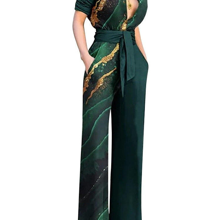 Print Jumpsuit Women Autumn and Spring New Fashion Long Sleeve Lapel Loose Casual Elegance Green Jumpsuits Green