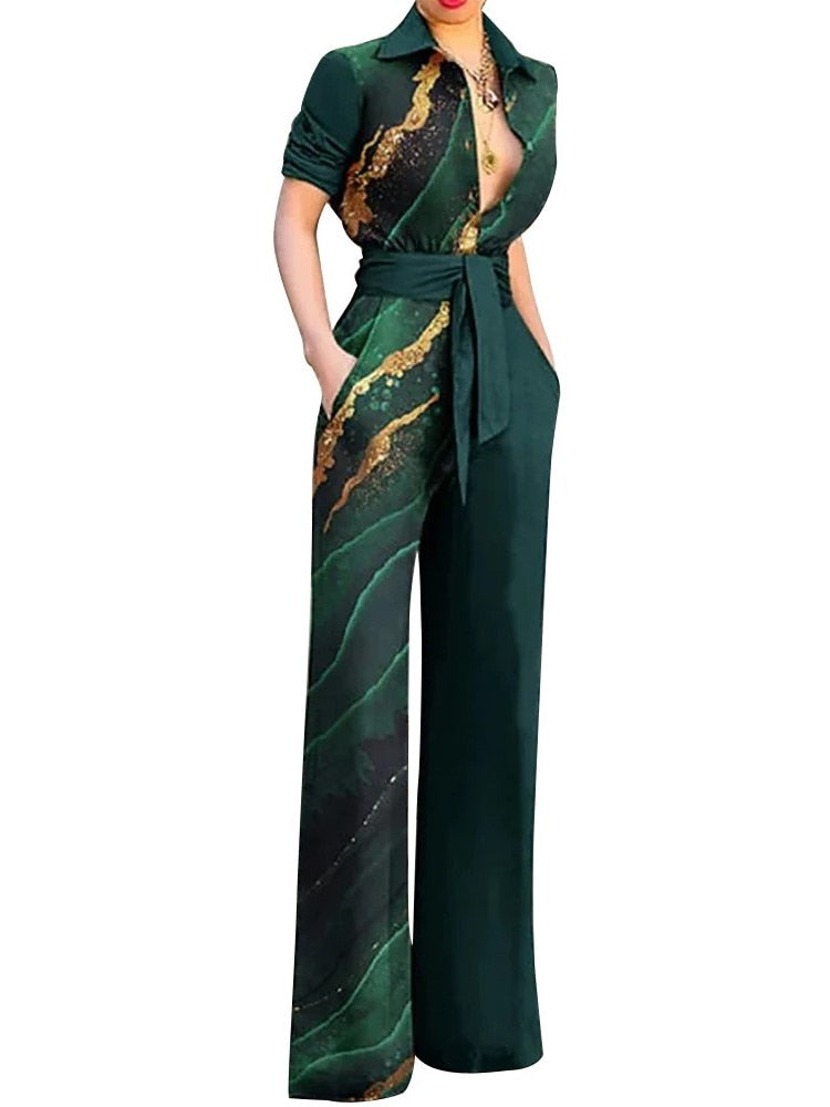 Print Jumpsuit Women Autumn and Spring New Fashion Long Sleeve Lapel Loose Casual Elegance Green Jumpsuits Green