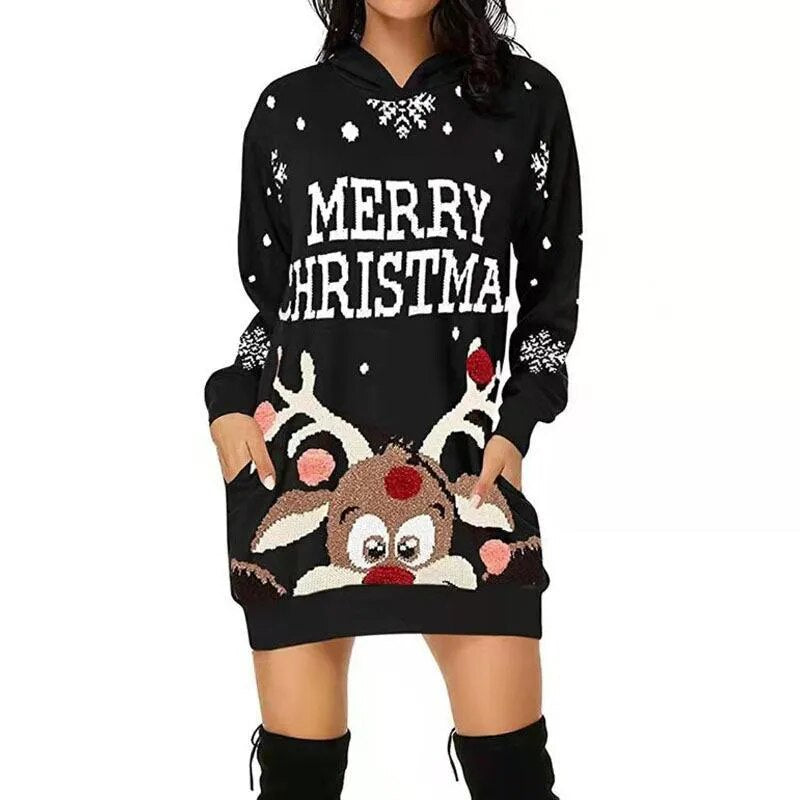 Christmas Elk Snowflake Printed Sweatshirts Party Dress Women Fashion Dresses Sweatshirts Long Sleeve Hoodies Dress Casual Tops WW00060
