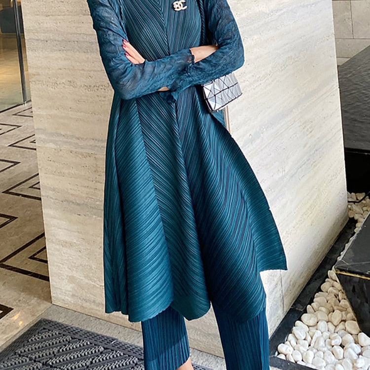 Sets Women Pleated Two Piece Set Fall Winter New Loose Casual Suit Lace Fashion Long Dress Top Pencil Pant Clothes Navy Blue One Size