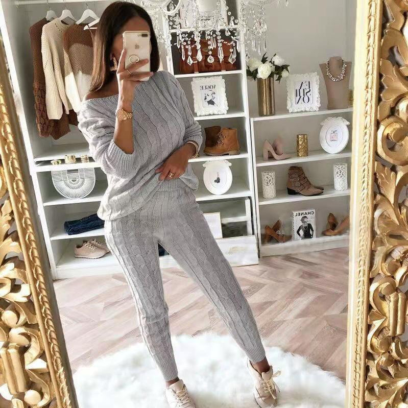 New Autumn Winter Women Knitted Tracksuit Two Piece Set Female Sweater Tops + Elastic Waist Pant Knitted Suit Women Outfits Light Gray TZ135
