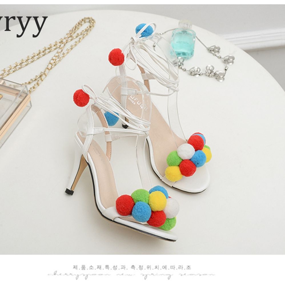 Colorful Fur Ball Strappy Sandals Summer Cute Roman Women's Shoes Red Temperament Pointy Toe Open-toed Strappy High Heels