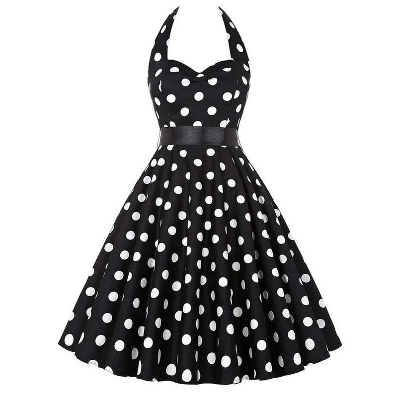 Polka Dot Dress Women Vintage Swing Halter Belt 50s 60s Rockabilly Prom Party Dresses Retro Feminino Vestidos 566
