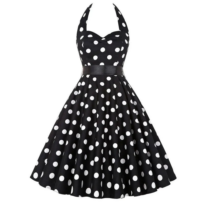 Polka Dot Dress Women Vintage Swing Halter Belt 50s 60s Rockabilly Prom Party Dresses Retro Feminino Vestidos 566