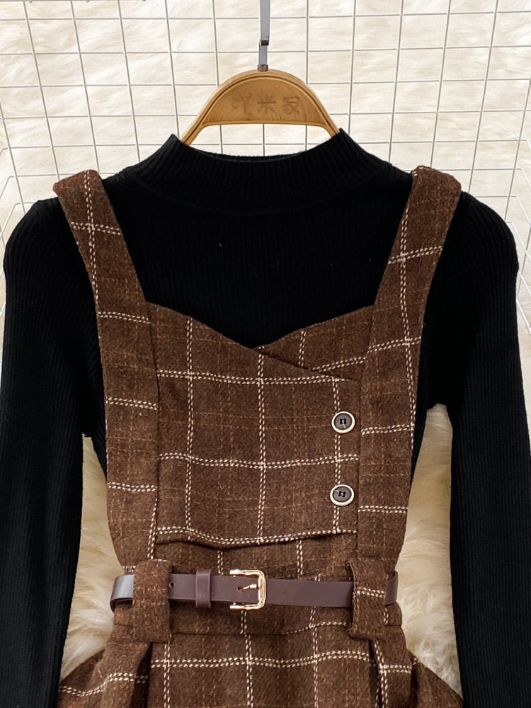 Fall Winter Women Sweater Overalls Dress Sets Casual Knitted Tops +Plaid Woolen Dress 2 Piece Sets Outfits Female