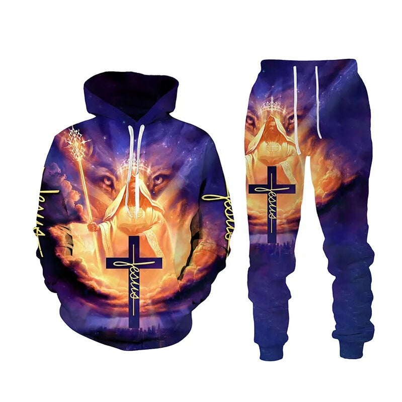 Autumn Winter Fashion Men Women Long Sleeve Lion 3d Printed JESUS Hoodie Sweatshirt and Pants Casual Men's Clothing Tracksuit