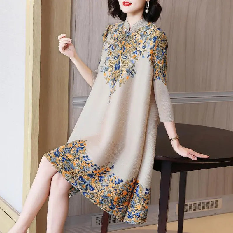 Summer Autumn Overesized Stand Collar Temperament Floral Printing Dress Ladies Elegant Fashion Loose Dresses Robe Femme Vestido APRICOT