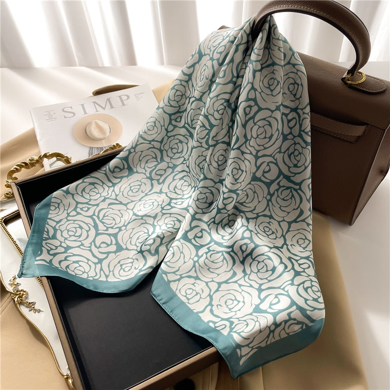 Luxury Print Satin Silk Square Scarf for Women Shawl Hijab Neckerchief Female Hair Ribbon Headband Fashion Wrap Bandana New FJ627-5