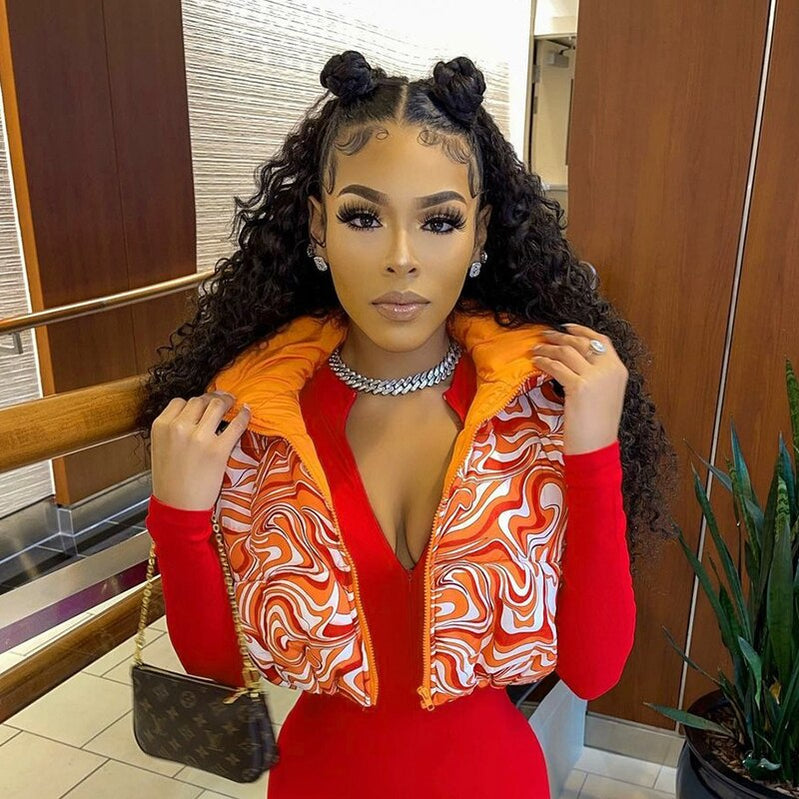 Sleeveless Clashing Graphic Slim Fitting Standing Collar Women'S Short Fitting Cotton Jacket Multicolour