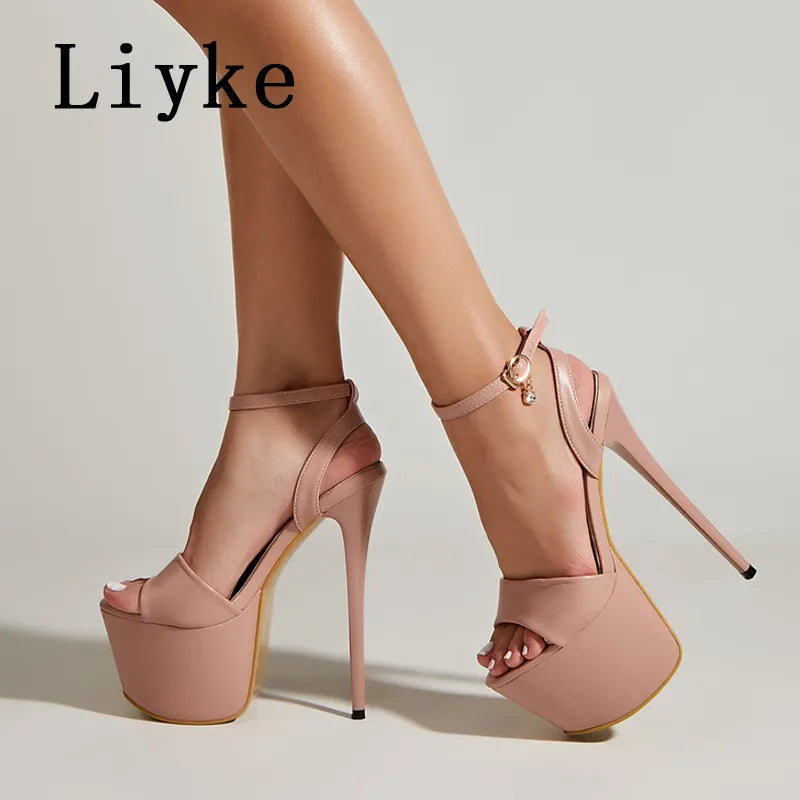 Liyke Summer Fashion Open Teen Platform Hoge hakken Sexy 17cm Sandalen Dames enkel Buckle Strap Party Nightclub Stripperschoenpompen