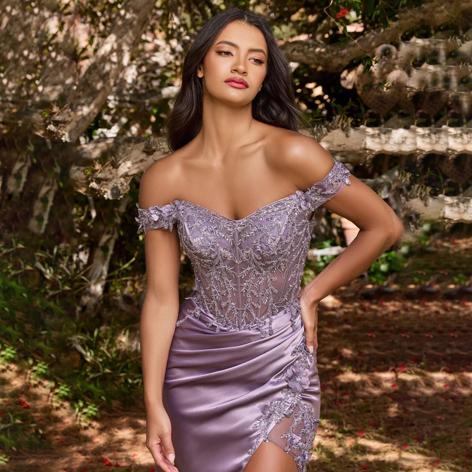 Luxury Lace Appliques Prom Dress Cap Sleeve Long Party Gown With Satin Train Sexy Side Slit Off-Shoulder Evening Dresses