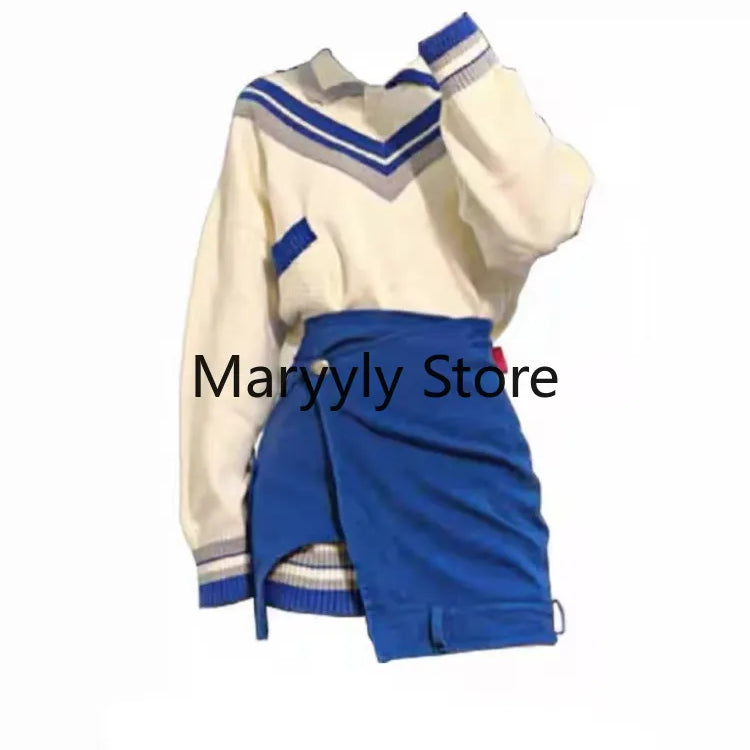 Autumn Fashion Suits Chic Japanese Long Sleeve Y2k Two Piece Dress Set Female Casual Blouse + Blue High Waist Mini Skirts 2 Piece Set