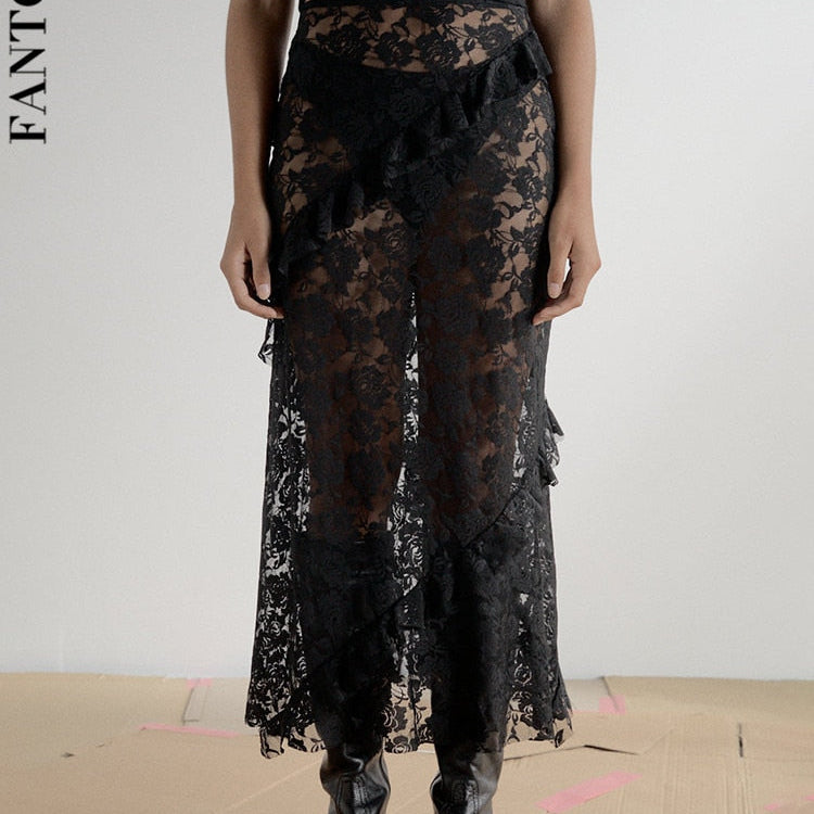 Fantoye Sexy See דרך תחרה נשים חצאית חצאית שחורה מותניים פרחים פרחוניים Y2K חצאית Femme Summe Cabul חופשה מחוץ לבגדי רחוב 2023