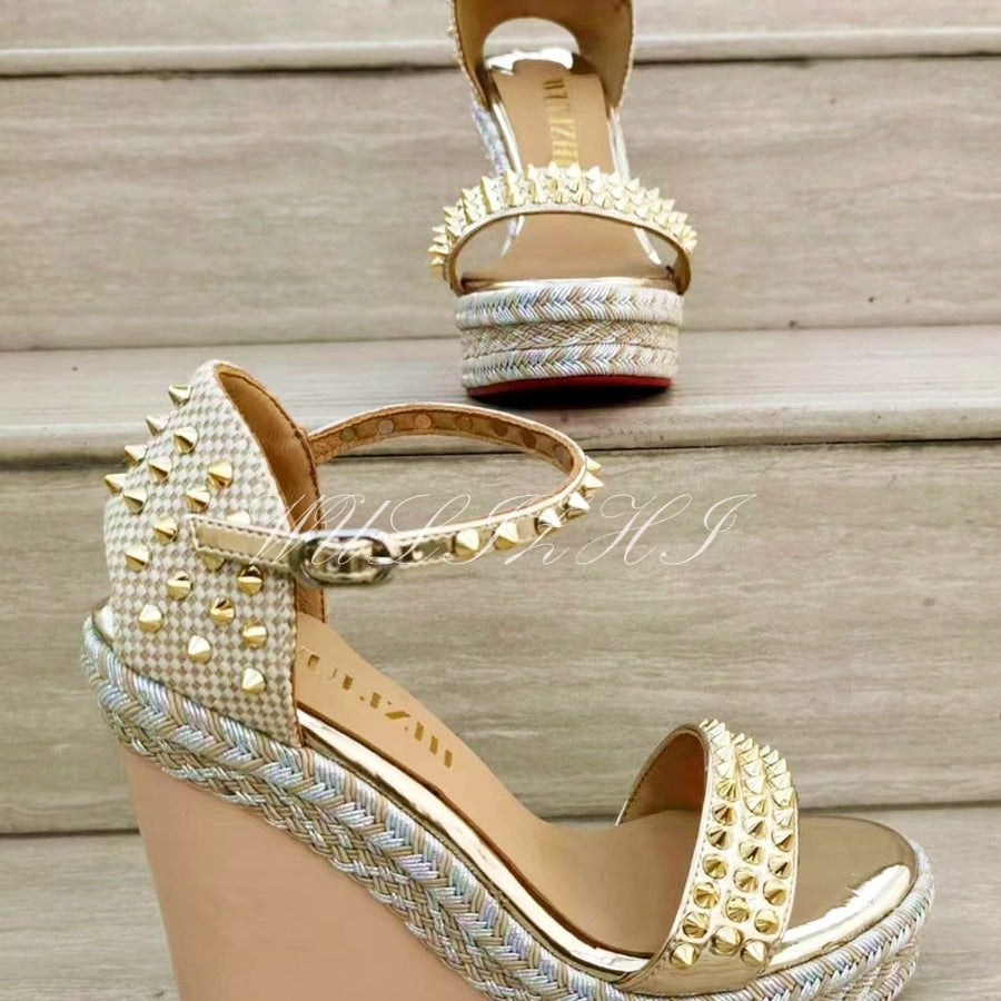 Women Bling Gold Stud Wedge Sandals Espadarille Metallic Hollow Buckle Design Shoes Open Office Bordered Luxury Gladiator Summer