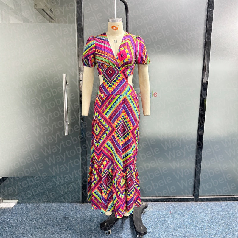 Women Maxi Dress Summer Fashion V Neck Short Puff Sleeve Hollow Out Printed Beach Party Dresses High Streetwear