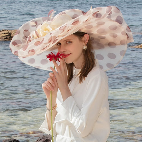 FS Oversized Brim Dot Organza Top Hats For Women Beach Visor Sun Sombreros Flowers Fedora Lady Wavy Edge UV Protection Derby Cap Champagne Dot 53 to 57cm